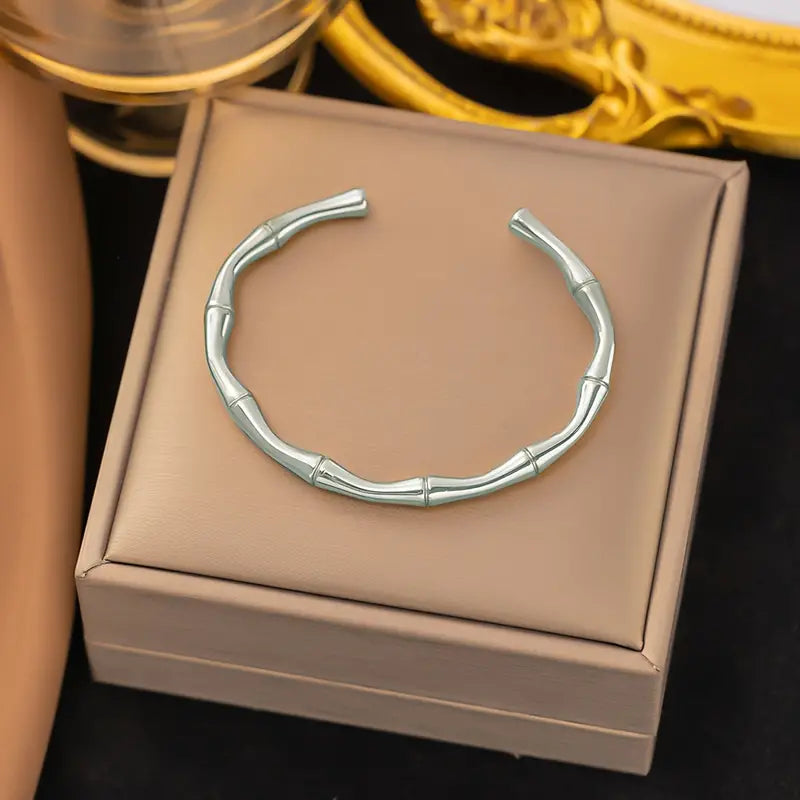 Bracelet jonc bambou, bijou en acier inoxydable argenté