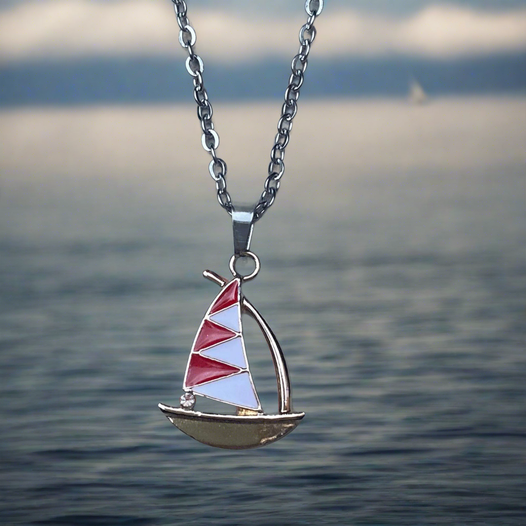 Red and white sailing boat necklace, stainless steel and enamel jewelry