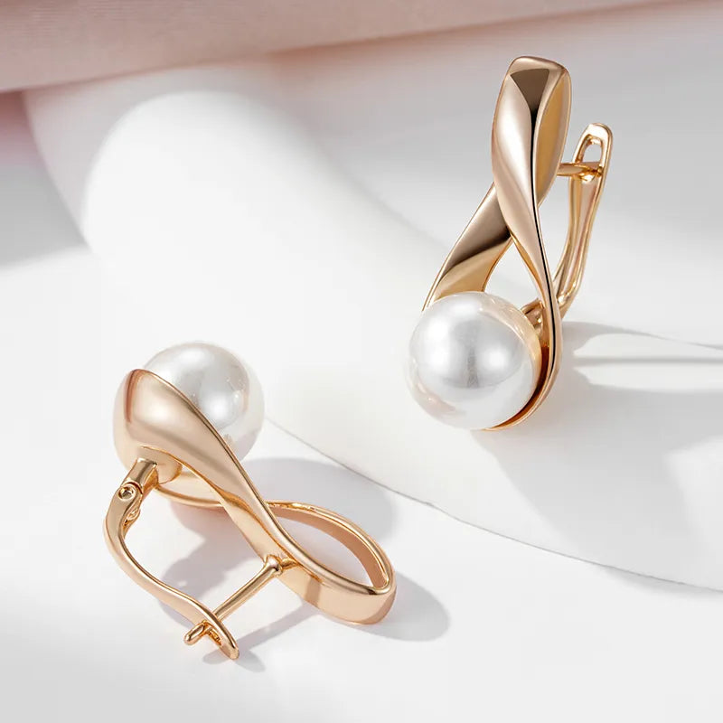 Boucles d'oreilles perles nacrées, bijou en plaqué or rose 585 (14 carats)