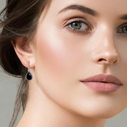 Boucles d'oreilles Goutte pierre noire, bijou en alliage plaqué argent