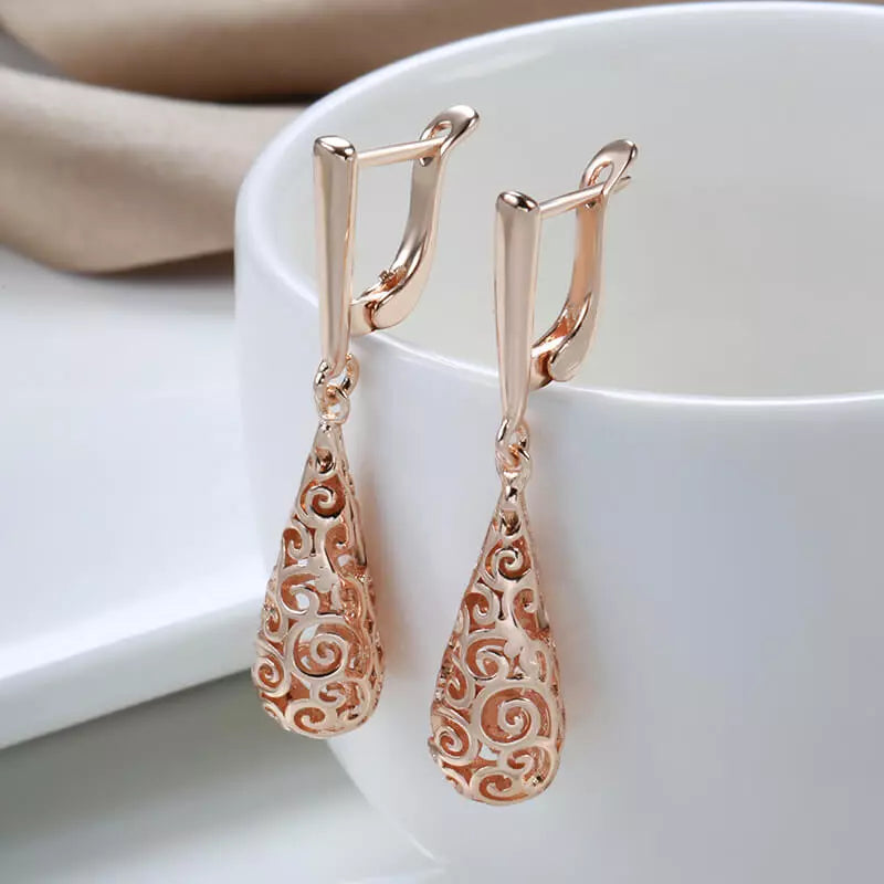 Boucles d'oreilles gouttes et arabesques ajourées, bijou en plaqué or rose 585 (14 carats)