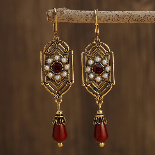 Boucles d'oreilles indiennes à perles et zircons rouges, bijou en plaqué or
