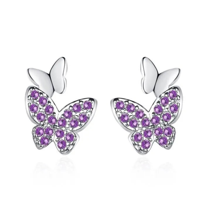 Boucles d'oreilles Papillons avec zircons mauves, bijou en plaqué argent