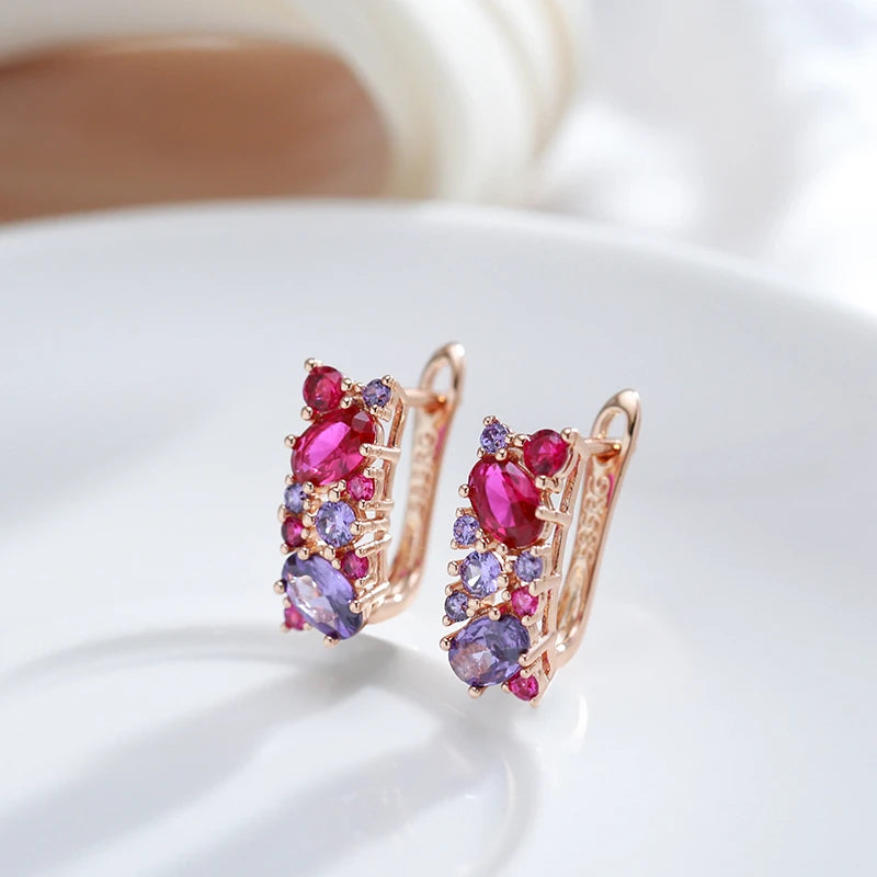 Boucles d'oreilles pavés de zircons colorés, bijou en plaqué or rose et en zircons naturels