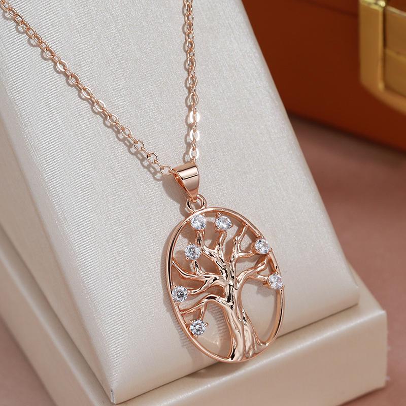Collier Arbre de Vie, bijou en alliage plaqué or rose et en zircons naturels