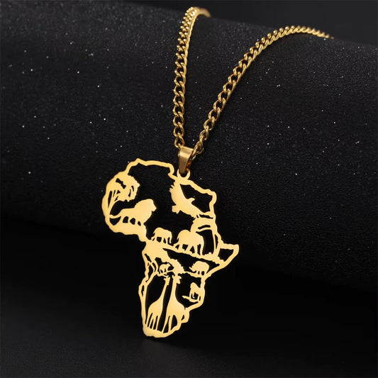 Collier carte et animaux de l'Afrique, bijou en acier inoxydable doré