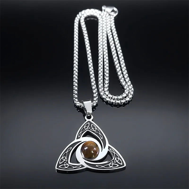 Collier Noeud de Vikings et pierre oeil de tigre, bijou en acier inoxydable et en pierre naturelle