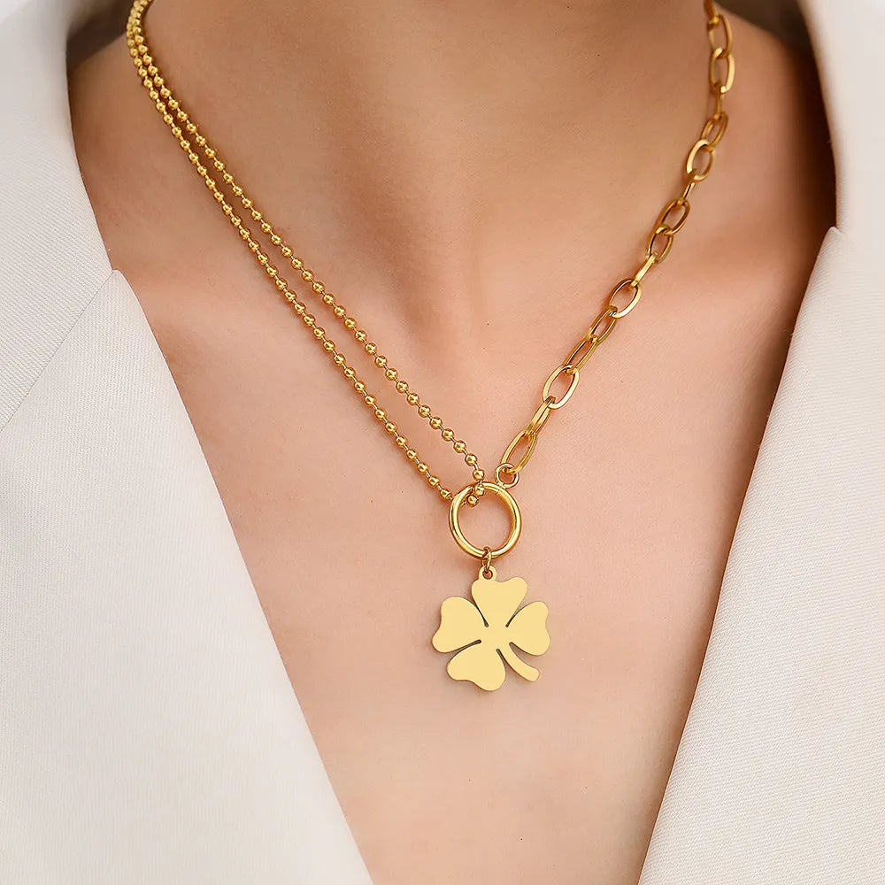 Collier asymétrique trèfle, bijou en acier inoxydable doré