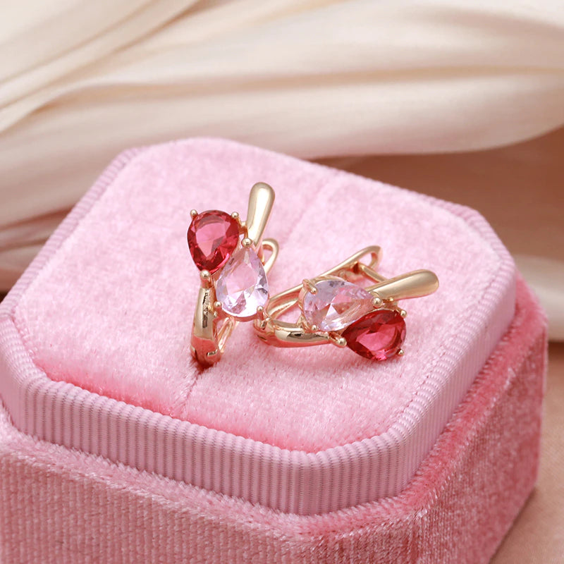Boucles d'oreilles zircons rouges et roses, bijou en plaqué or rose 585 (14 carats) et en zircons naturels