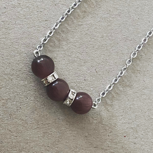 Dark purple cat's eye bead necklace, stainless steel jewelry